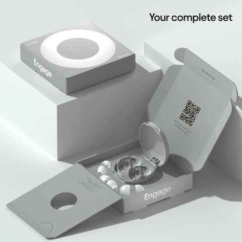 Engage Conversation Earplugs For Clear Speech And Light Noise Reduction At Social Gatherings great for noise sensitivity and parenting includes 8 ear tips XS S M L 16 dB NRR coverage comfortable all-day fit, open box with earplugs and tips displayed