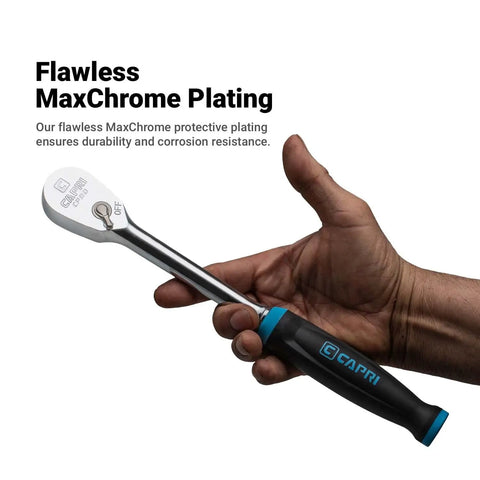 Hand holding Fine 90-Tooth Ratchet Set With Ergonomic Soft Grip, 1 Quarter Inch Drive, Low Profile Head For Tight Spots