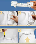 Adjuble Soft Close Round Toilet Seat Open Front Design White omic Hins for Easy Inllat & Slish Bathroom tial installation guide showing steps with fastening system.