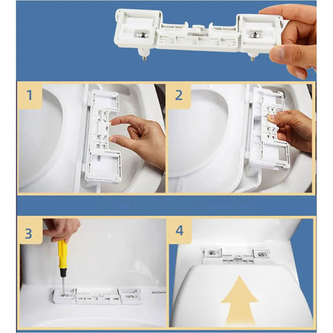 Adjuble Soft Close Round Toilet Seat Open Front Design White omic Hins for Easy Inllat & Slish Bathroom tial installation guide showing steps with fastening system.