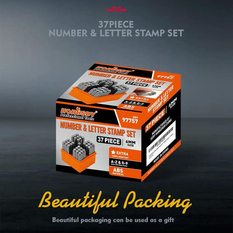 Packaging of Easy To Pick 37 Piece Metal Letter And Number Stamp Set Six Millimeter Stamps for Jewelry Metal Leather DIY Projects.