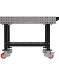 Real Deal Heavy Duty Welding Fixture Table 48x30 Inch Garage Rig With Tough Laser Cut Grid Holes Smooth Rolling Locking Casters And Quick Snap Handle Silver Usa Made, side view showing casters and grid surface.