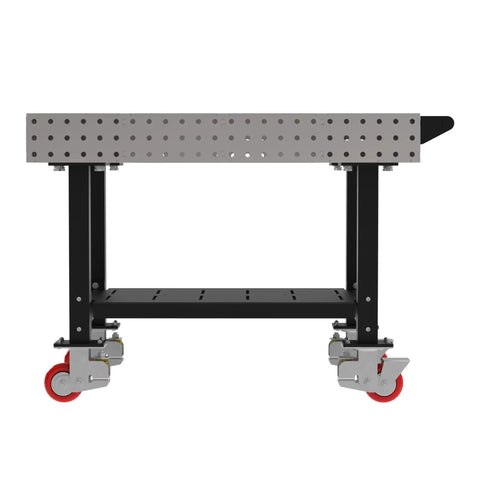 Real Deal Heavy Duty Welding Fixture Table 48x30 Inch Garage Rig With Tough Laser Cut Grid Holes Smooth Rolling Locking Casters And Quick Snap Handle Silver Usa Made, side view showing casters and grid surface.