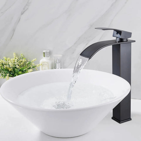 Vessel Sink Waterfall Tall Bathroom Faucet, Modern Vanity With Single Handle, 1 Hole Installation, Pop Up Drain, Oil Rubbed Bronze Finish