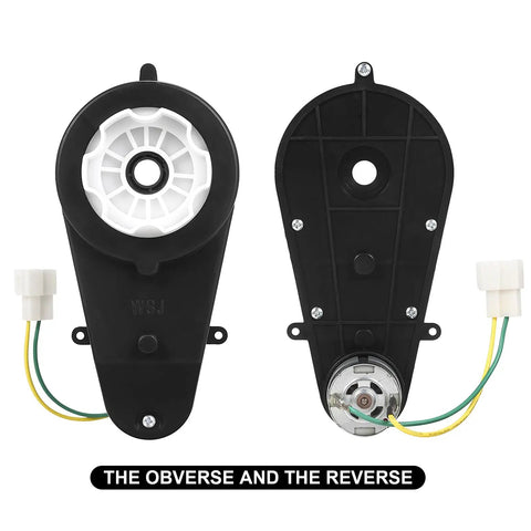 Front and back view of Two Pack 12V 40000 RPM High Speed RS550 Motor Gearbox for kids ride on cars, easy install design