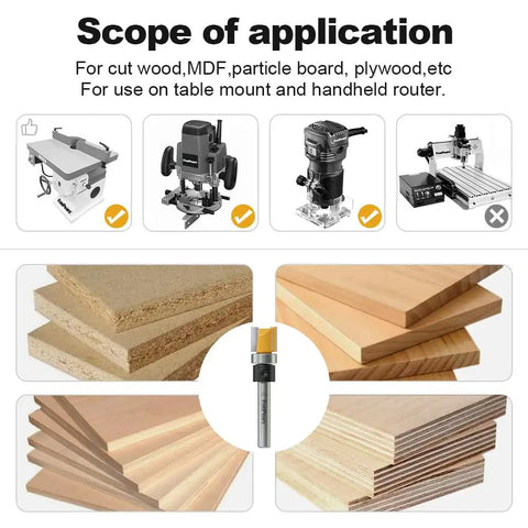 High Octane Half Inch Carbide Flush Trim Router Bit With Top Bearing Quarter Inch Shank Anti Kickback Design for cutting wood, MDF, and plywood.