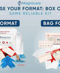 Front view of Magnicare First Response bloodborne pathogen cleanup kit in box and bag formats with blue gloves
