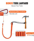 Bonus tool lanyard with aluminum alloy carabiner, elastic rope 12 ft, shown with hammer for Heavy Duty Steel Core Arborist Flipline Half Inch By Twelve Foot Tree Climbing Rope With Alloy Steel Snap Hook Aluminum Carabiner Extra Tool Lanyard Pro Grade Fall Protection For Climbers ANSI Compliant