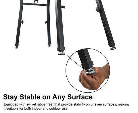 Close-up of Adjustable Platform Keyboard Stand for Live Gigs and Studio Use showing swivel feet for stability on surfaces.