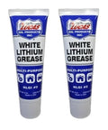Two Lucas Oil White Lithium Grease tubes, 8 oz each, blue and white squeeze tubes in a two-pack.