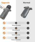 Comparison of detachable 7 way RV style trailer plug with IP68 waterproof seal versus standard model, showcasing features.