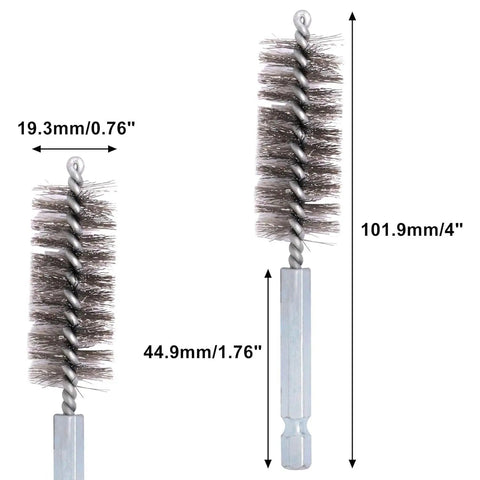 Stainless Steel Bore Brush Set Two Pack With Three Quarter Inch Hex Shank Twisted Round Wire Brushes For Power Drill Rust Tubes Cleaner Debris Removal And Buildup close-up