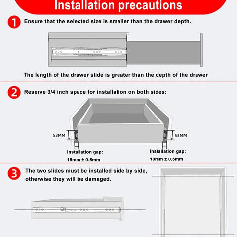 Installation instructions for Heavy Duty Ball Bearing Drawer Slides Full Extension Steel Runners With Rubber Guard.