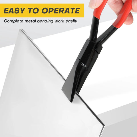 Sheet metal bending pliers with red handles, front view bending a metal strip at 90 degrees