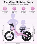Electric Balance Bike For Kids With 14 Inch Tires Pink Ages 3 To 7 Kid Friendly Three Speed Modes Up To Nine MPH Lightweight 16.5 Lbs Frame Nine Mile Range Light Up Front Tire Adjustable Seat Safe Magnesium Alloy Build, side view