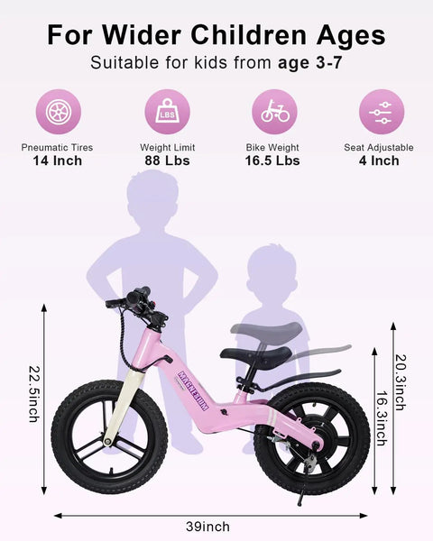 Electric Balance Bike For Kids With 14 Inch Tires Pink Ages 3 To 7 Kid Friendly Three Speed Modes Up To Nine MPH Lightweight 16.5 Lbs Frame Nine Mile Range Light Up Front Tire Adjustable Seat Safe Magnesium Alloy Build, side view