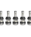 Five silver metal tire valve stems with knurled caps; outer-mount clamp-in valves for 0.453–0.625 inch rim holes.