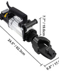 Get This CutpoiY Electric Hydraullic Rebar Bender For Quick And Easy Steel Bar Bending Up To 130 Degrees With Straightening Heads Strong Thrust Low Power Use, overview of motor and bending head dimensions.