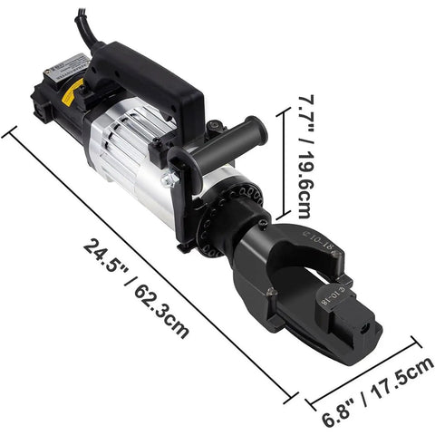 Get This CutpoiY Electric Hydraullic Rebar Bender For Quick And Easy Steel Bar Bending Up To 130 Degrees With Straightening Heads Strong Thrust Low Power Use, overview of motor and bending head dimensions.
