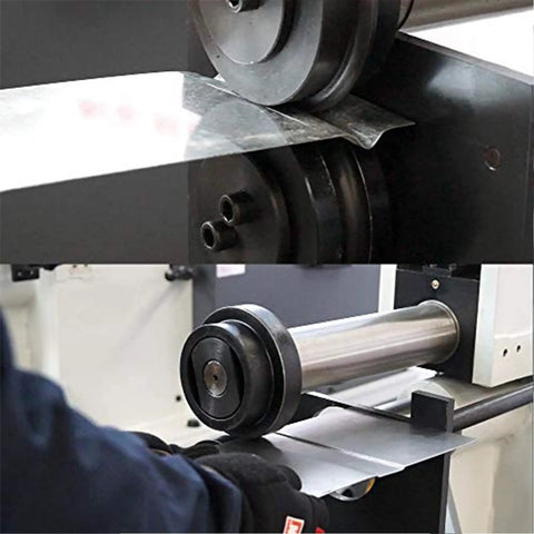 Close-up of Badass Heavy Duty Electric Bead Roller And Sheet Metal Crimper With 8 Inch Throat Depth using sheet metal.