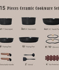 15 Piece Ceramic Cookware Set with Detachable Handles, including saucepans, fry pans, silicone lids, utensils, and pan protectors.