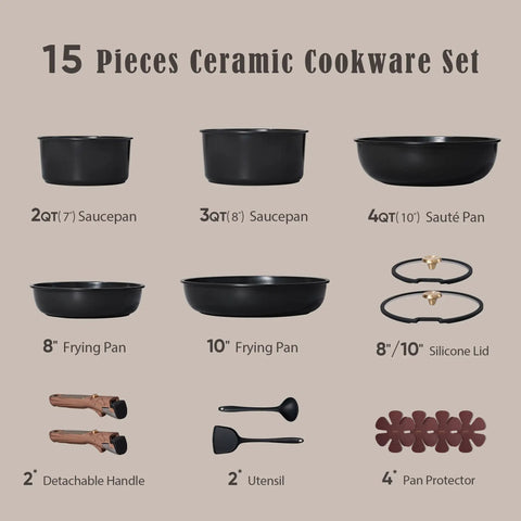 15 Piece Ceramic Cookware Set with Detachable Handles, including saucepans, fry pans, silicone lids, utensils, and pan protectors.