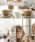 Smooth Operator Automatic Bean To Cup Coffee Maker Featuring A Slick Color Touch Display And Hassle Free Self Cleaning Cycle For Pro Level Continuous Brewing At Office Or Home with coffee cups and children enjoying coffee.