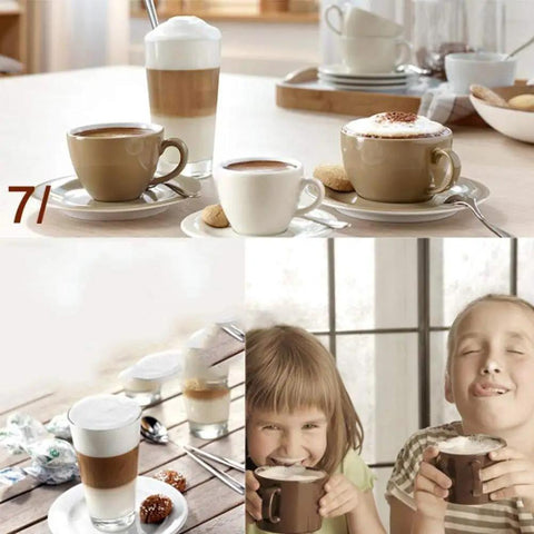 Smooth Operator Automatic Bean To Cup Coffee Maker Featuring A Slick Color Touch Display And Hassle Free Self Cleaning Cycle For Pro Level Continuous Brewing At Office Or Home with coffee cups and children enjoying coffee.