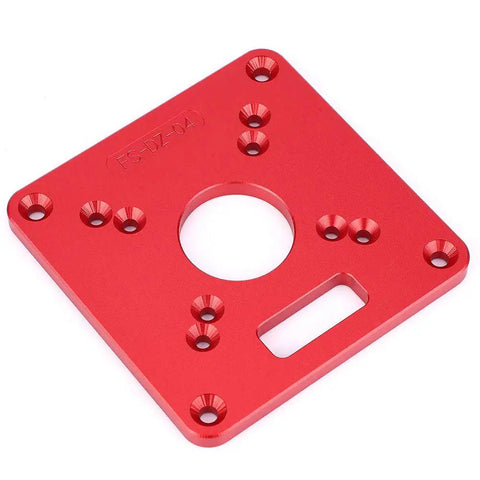Kickass Router Table Insert Plate Slick Hard Anodized Aluminum 6061 Mount For Makita Routers And Trimming Tools With Rock Solid Base, red color, 120x120mm, precise cutouts.