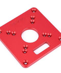 Rock Solid Aluminum Router Insert Plate Slick Machining Plug And Play Table Upgrade with 120mm x 120mm red aluminum surface.
