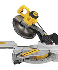 Top Tier 12 Inch Corded Compound Miter Saw Featuring Slick Slide Fence Knockout Accuracy Heavy Duty Build And Game Changing Precision For Serious Woodworkers Renewed Single Bevel Design, showing miter saw with slide rail and motor.