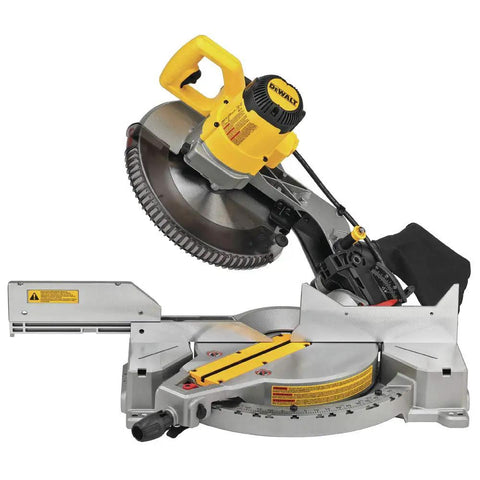 Top Tier 12 Inch Corded Compound Miter Saw Featuring Slick Slide Fence Knockout Accuracy Heavy Duty Build And Game Changing Precision For Serious Woodworkers Renewed Single Bevel Design, showing miter saw with slide rail and motor.