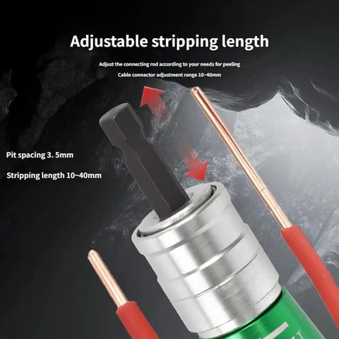 Adjustable stripping head showing 10-40mm cable stripping range for Heavy Duty Electric Wire Stripper For Drill, 6-14 AWG Cable Stripping Tool.