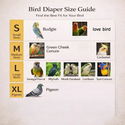 Bird diaper size guide showing XL pigeon for Indoor Pigeon Harness Kit With Reusable Diaper Pants And Flight Training Leash