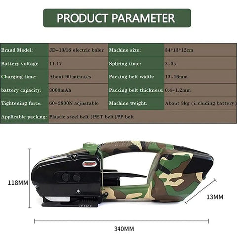 Heavy Duty Electric Automatic Strapping Machine. Battery Powered PP PET Banding Tool display with size details and specifications.
