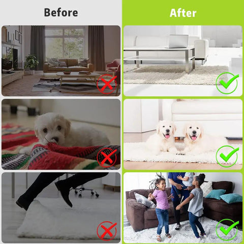 Before and after use of 8 Pack Non Slip Rug Tape for Hardwood Floors, showing secured rugs with pets and families