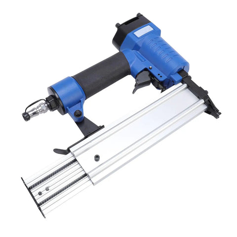 Rock Solid 18 Gauge Pneumatic Brad Nailer Built With Rugged Aluminum Alloy Construction, side view showing magazine and handle.