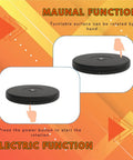 Stunning 25 Cm Motorized Rotating Display Turntable With White Led Lighting, Electric Showcase Platform For Jewelry Toys Collectibles And Products, Smooth Slow Spin Station With Anti Clockwise Direction showing manual and electric functions.