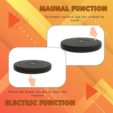 Stunning 25 Cm Motorized Rotating Display Turntable With White Led Lighting, Electric Showcase Platform For Jewelry Toys Collectibles And Products, Smooth Slow Spin Station With Anti Clockwise Direction showing manual and electric functions.