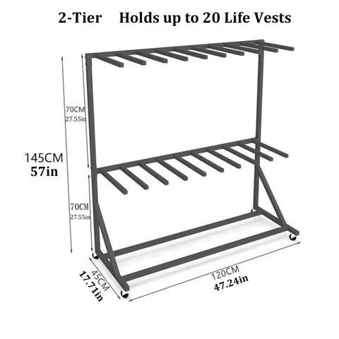 Heavy-Duty Freestanding Life Vest Holder And Gear Rack Boss-Grade Swivel-Wheel Dock Organizer, 2-tier, holds 20 vests