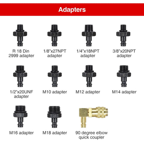 QUNNIE oil pressure tester kit with 11 adapters (black numbered 1-10) and brass 90-degree elbow quick coupler