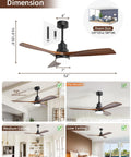 Dope 52 Inch Ceiling Fan With Lights And Remote Control, Solid Wood Outdoor Indoor Farmhouse Style Ceiling Fan, Quiet DC Motor With Dimmable LED, Ideal For Bedroom Living Room Patio, shown with measurements and mounting options