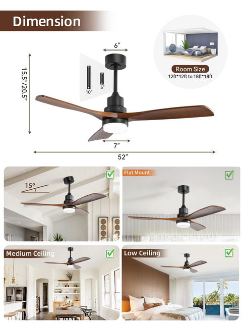 Dope 52 Inch Ceiling Fan With Lights And Remote Control, Solid Wood Outdoor Indoor Farmhouse Style Ceiling Fan, Quiet DC Motor With Dimmable LED, Ideal For Bedroom Living Room Patio, shown with measurements and mounting options