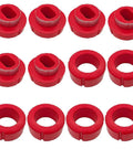 Beefed Up Polyurethane Body Mount Bushing Kit With Metal Ring Direct Fit For 1981 To 1987 Chevy C10 C20 K10 K20 K30 And GMC C1500 C2500 K1500 K2500 Trucks Heavy Duty Cab Mounts For A Smoother Quieter Ride multiple red polyurethane bushings with metal rings