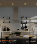 Sylvania Slim Microdisk Downlight, 12W, 5 CCT Select (2700K - 5000K) Recessed Lighting in modern kitchen ceiling.