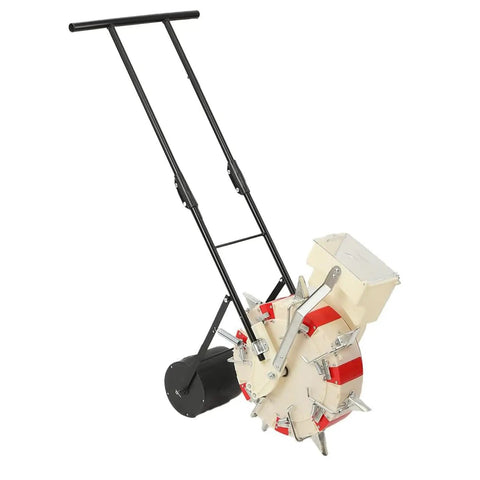 Alt Tag: Manual Garden Seeder Hand Push Planter With 7 Nozzles, Walk Behind Row Crop Seeding Tool for precise planting, durable construction