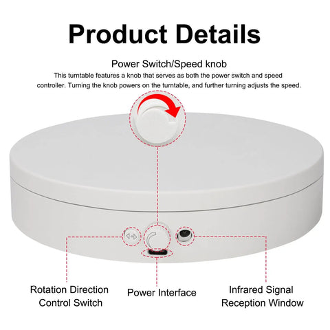 Smooth Spinning 360 Degree Electrical Turntable With Killer Remote Control For Pro Photography And 3D Modeling, showing power knob and controls.
