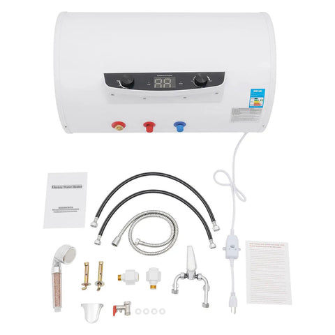 Heavy Duty Horizontal Electric Water Heater Featuring A Nifty Digital Display And Generous 70 Liter Reserve Plus 110V Plug Right In Hook Up.