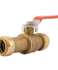 Three Quarter Inch Slip Ball Valve Push To Connect Brass Plumbing Fitting For PEX Copper CPVC shown in side view with red handle