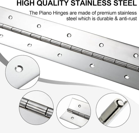 Tough As Nails Heavy Duty 16 Inch By 2 Inch Piano Hinge 0.047 Inch Thick Stainless Steel Two Pack Continuous Hinge with close-up details